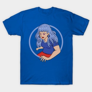Battle Ready – Blue-Haired Anime Fighter Anime Girl in Combat Stance T-Shirt